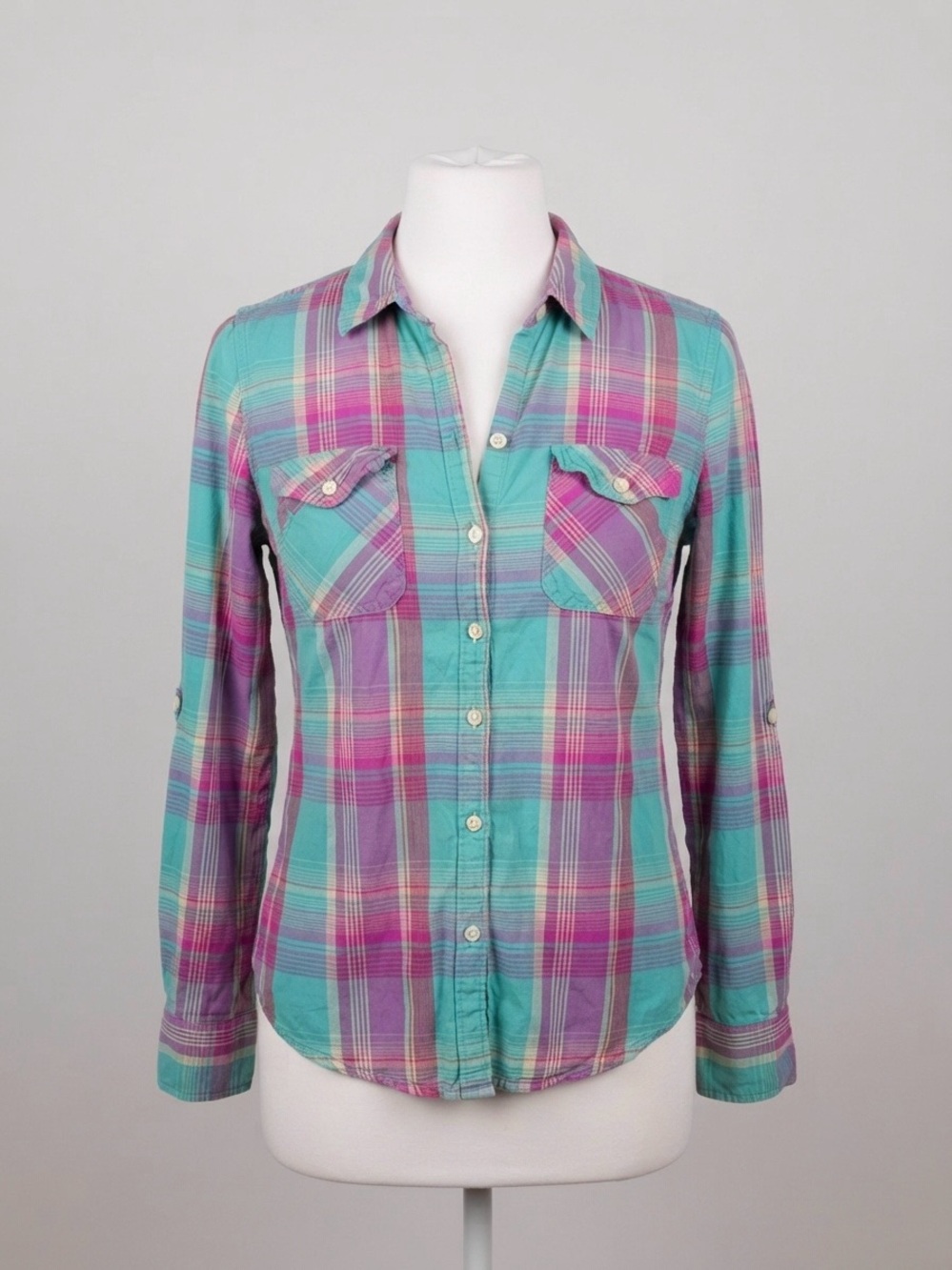Mossimo Supply Co. Teal & Magenta Plaid Cotton Button Down Shirt - Size M